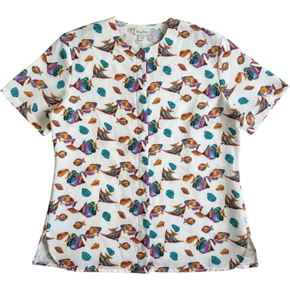 Maggie Barnes Tropical Fish Print Blouse 18W White Polka Novelty Ocean Summer